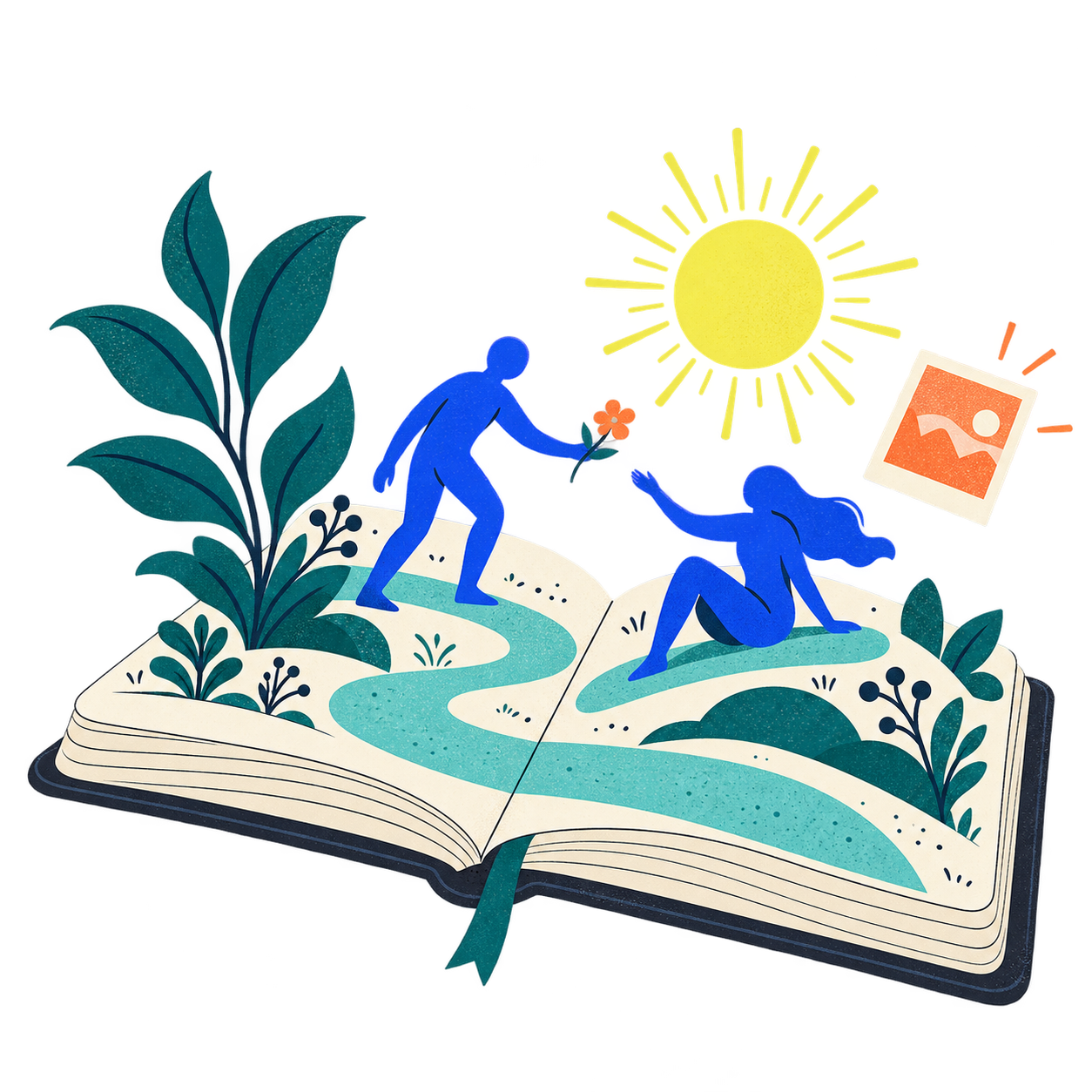 An open field notebook with a colorful pop-up Earth, a human, and a growing plant.